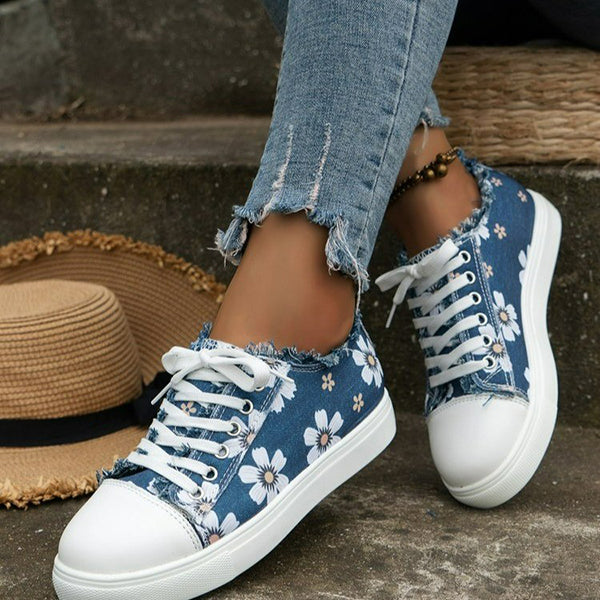 🔥LAST DAY 50% OFF - Women's Casual Comfy Embroidery Flower Lace-Up Denim Canvas Sneakers