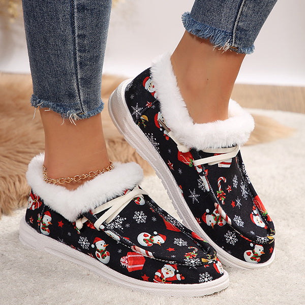 LAST DAY 50% OFF-Women's Comfort Plush Christmas Theme Canvas Ankle Boots