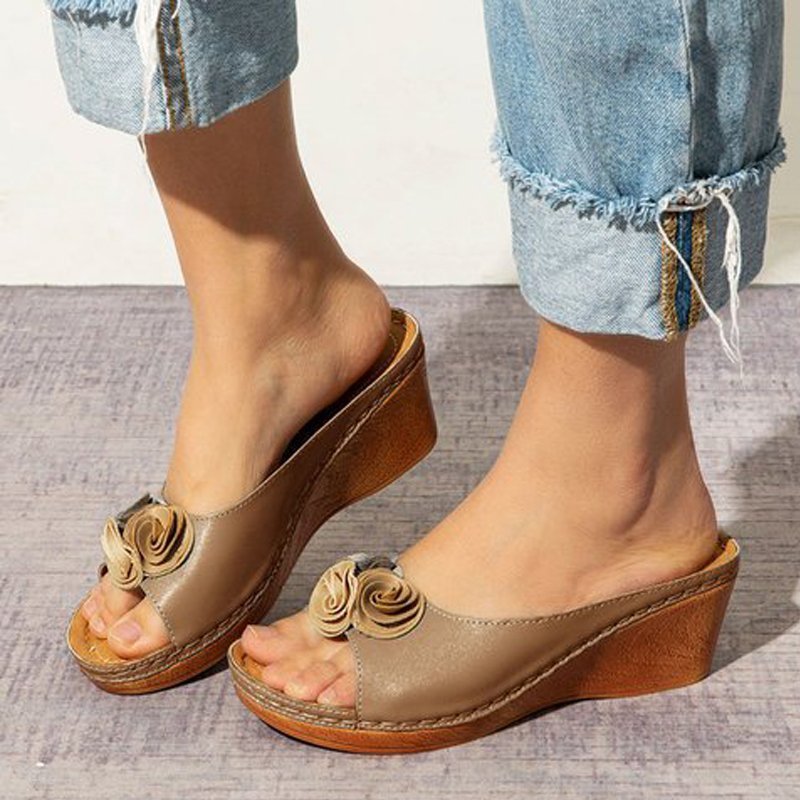 😍Last Day 55% OFF😍-Womens Comfy Leather Solid Flower Strap Wedge Sandals