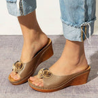 😍Last Day 55% OFF😍-Womens Comfy Leather Solid Flower Strap Wedge Sandals