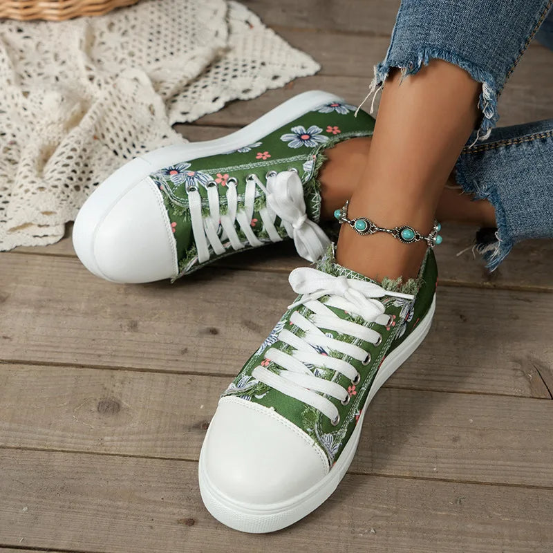 🔥LAST DAY 50% OFF - Women's Casual Comfy Embroidery Flower Lace-Up Denim Canvas Sneakers