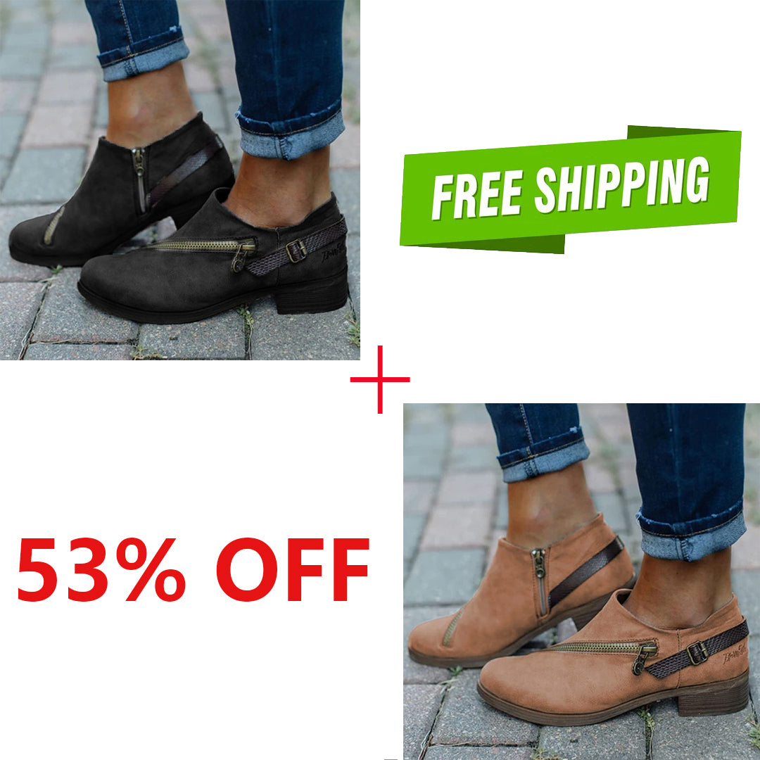 LAST DAY 50% OFF- Women Casual Retro Round Toe Low Heel Zipper Boots