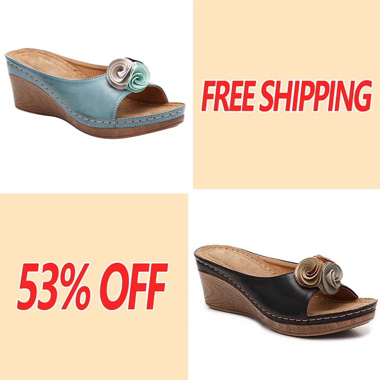 😍Last Day 55% OFF😍-Womens Comfy Leather Solid Flower Strap Wedge Sandals