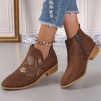 LAST DAY 50% OFF-Women'S Embroidered Suede Point Toe Block Heel Boots