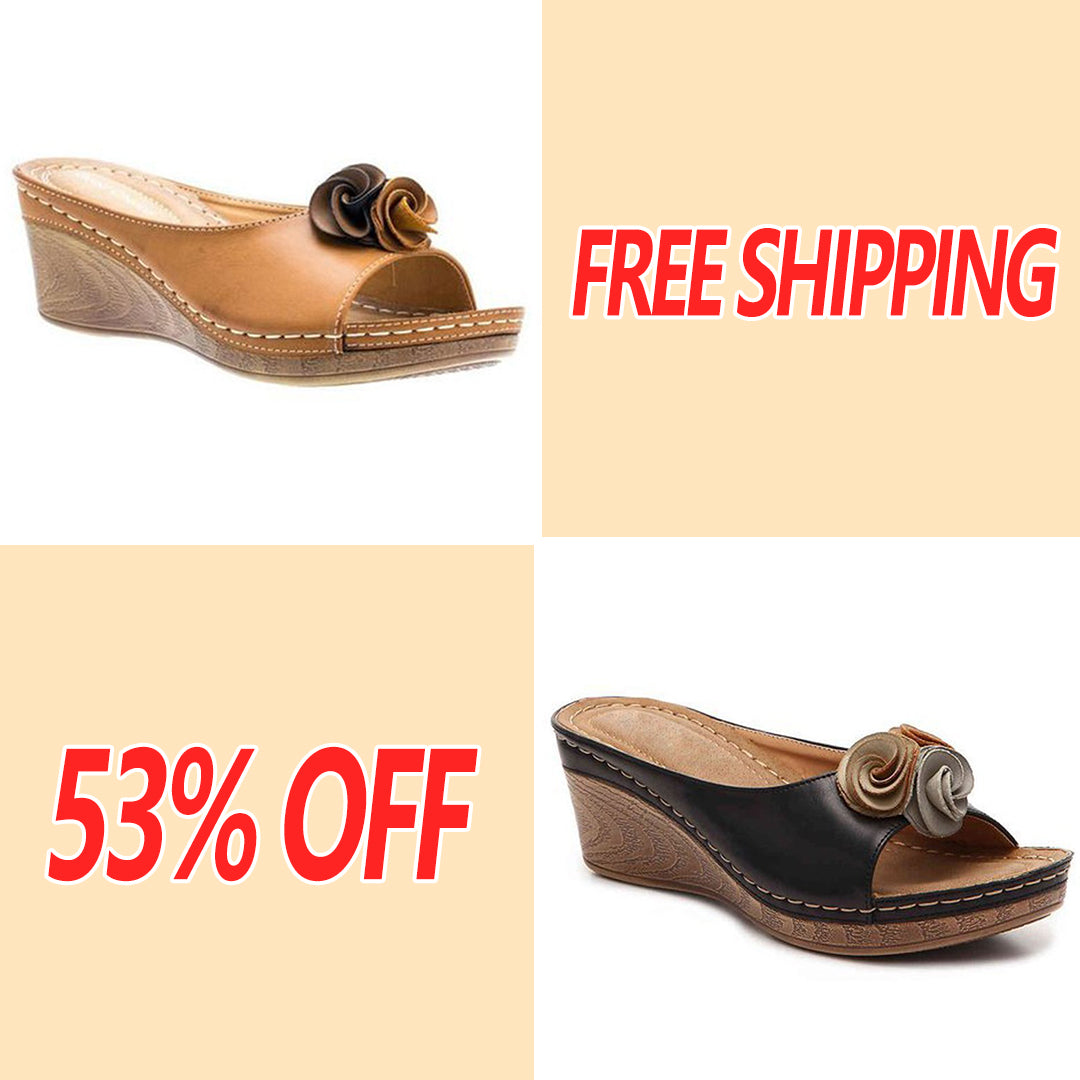 😍Last Day 55% OFF😍-Womens Comfy Leather Solid Flower Strap Wedge Sandals