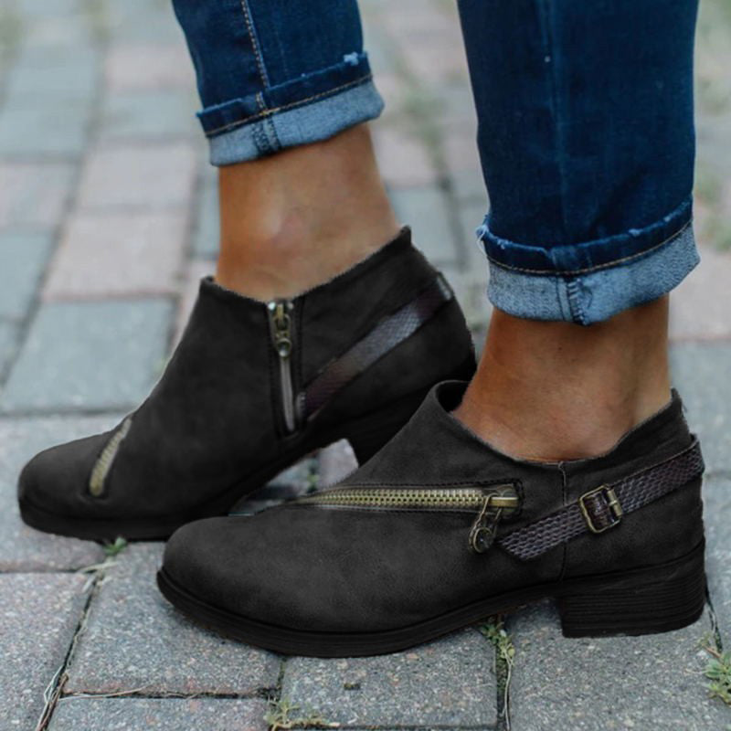 LAST DAY 50% OFF- Women Casual Retro Round Toe Low Heel Zipper Boots