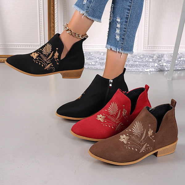LAST DAY 50% OFF-Women'S Embroidered Suede Point Toe Block Heel Boots