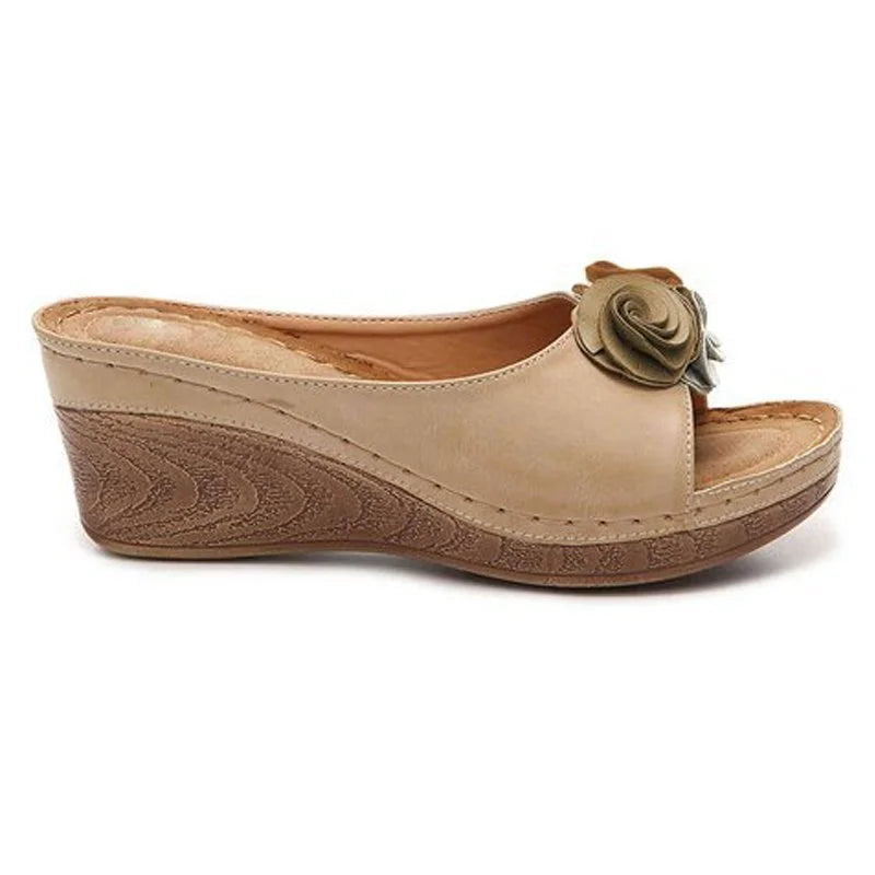 😍Last Day 55% OFF😍-Womens Comfy Leather Solid Flower Strap Wedge Sandals