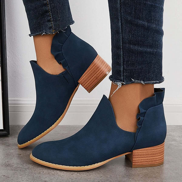 LAST DAY 75% OFF-Womens Ruffle Cut Out Chunky Low Heel Ankle Boots