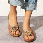 😍Last Day 55% OFF😍-Womens Comfy Leather Solid Flower Strap Wedge Sandals