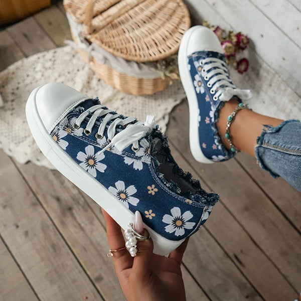 🔥LAST DAY 50% OFF - Women's Casual Comfy Embroidery Flower Lace-Up Denim Canvas Sneakers