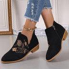 LAST DAY 50% OFF-Women'S Embroidered Suede Point Toe Block Heel Boots