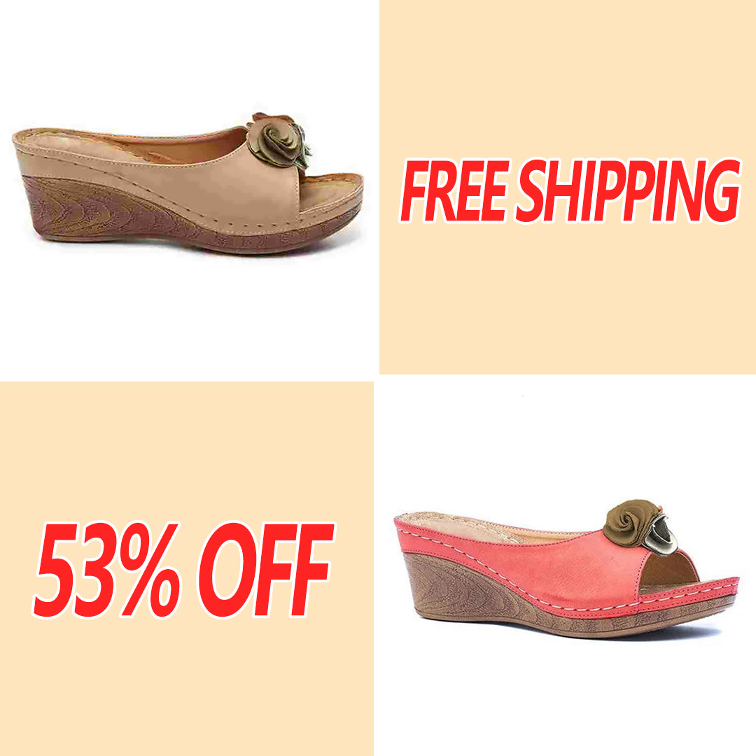 😍Last Day 55% OFF😍-Womens Comfy Leather Solid Flower Strap Wedge Sandals