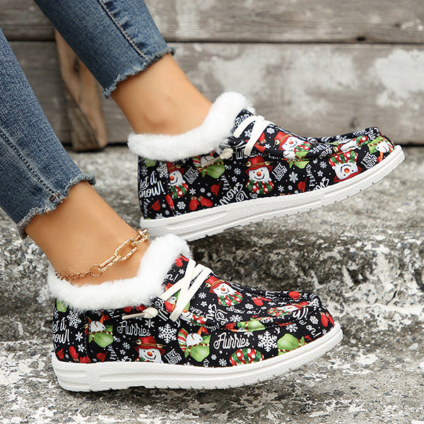 LAST DAY 50% OFF-Women's Comfort Plush Christmas Theme Canvas Ankle Boots