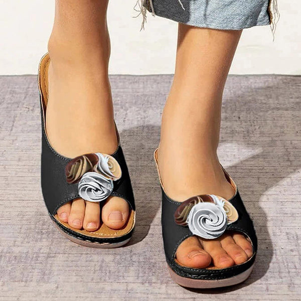 😍Last Day 55% OFF😍-Womens Comfy Leather Solid Flower Strap Wedge Sandals