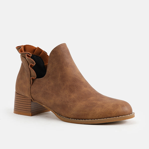 LAST DAY 75% OFF-Womens Ruffle Cut Out Chunky Low Heel Ankle Boots
