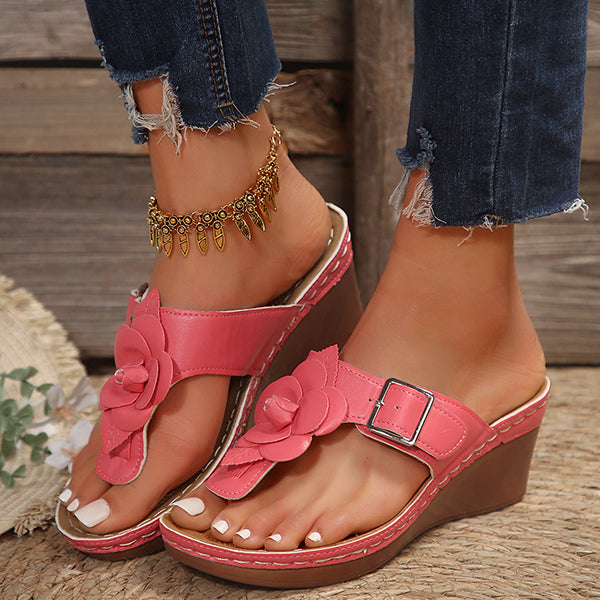😍Last Day 50% OFF😍-2025 Women's Comfy Leather Flower Decor Wedge Sandals