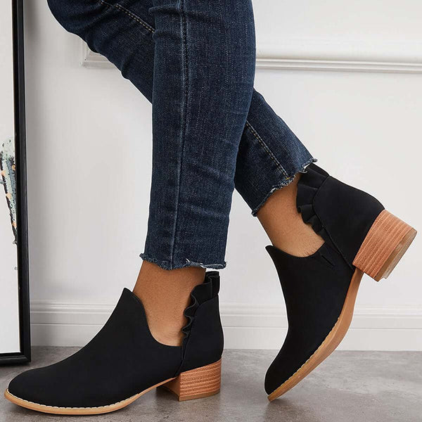 LAST DAY 75% OFF-Womens Ruffle Cut Out Chunky Low Heel Ankle Boots