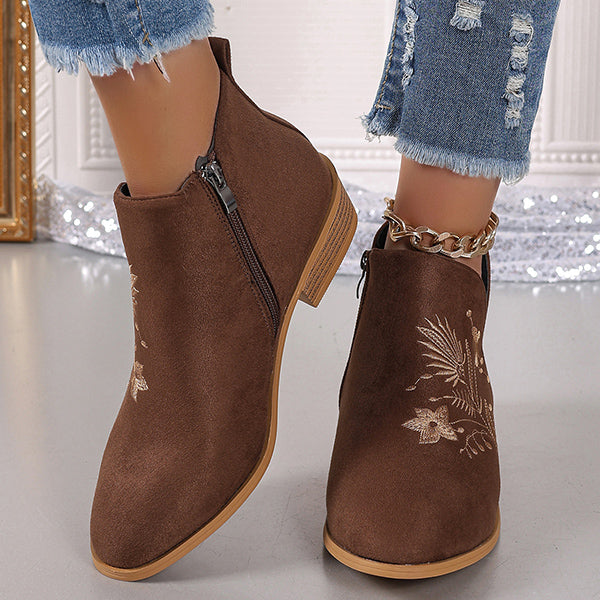 LAST DAY 50% OFF-Women'S Embroidered Suede Point Toe Block Heel Boots