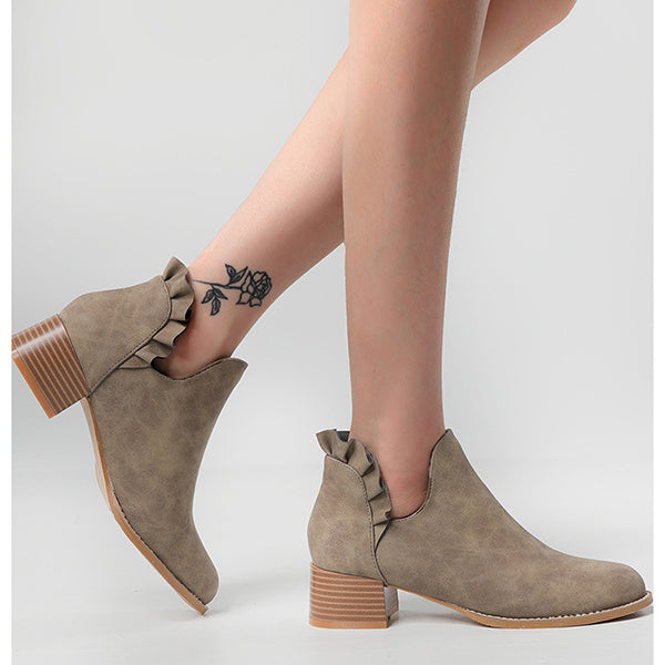 LAST DAY 75% OFF-Womens Ruffle Cut Out Chunky Low Heel Ankle Boots