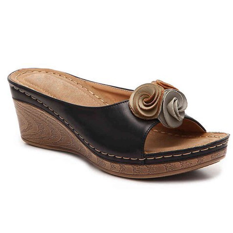 😍Last Day 55% OFF😍-Womens Comfy Leather Solid Flower Strap Wedge Sandals