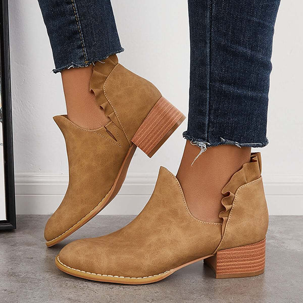 LAST DAY 75% OFF-Womens Ruffle Cut Out Chunky Low Heel Ankle Boots