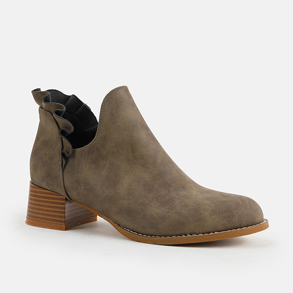 LAST DAY 75% OFF-Womens Ruffle Cut Out Chunky Low Heel Ankle Boots