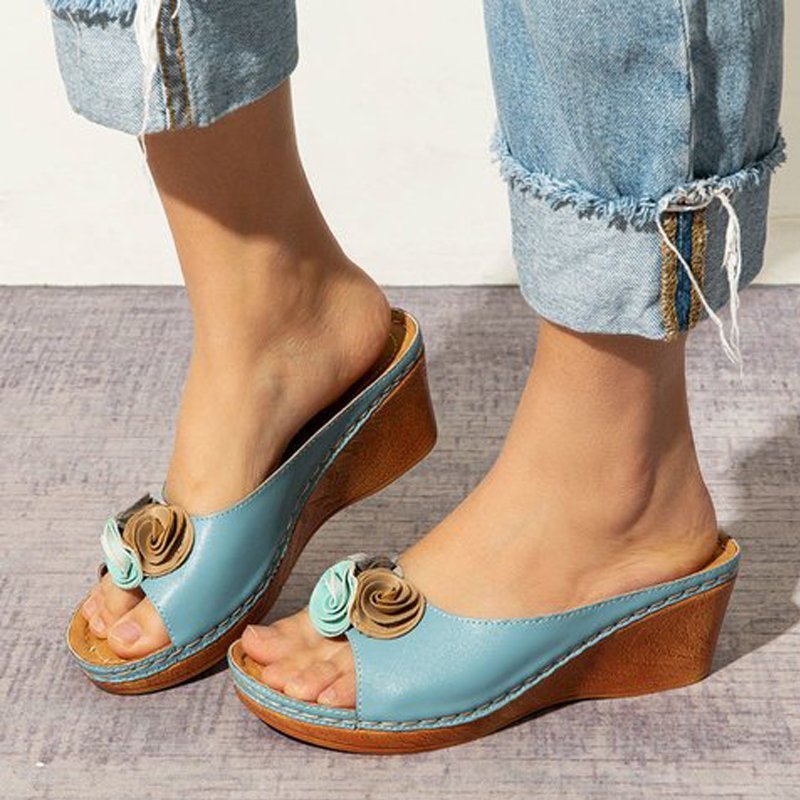 😍Last Day 55% OFF😍-Womens Comfy Leather Solid Flower Strap Wedge Sandals