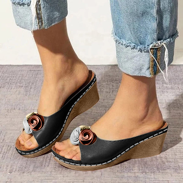 😍Last Day 55% OFF😍-Womens Comfy Leather Solid Flower Strap Wedge Sandals