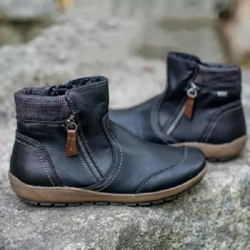 Women Vintage Round Toe Waterproof Zipper Ankle Boots