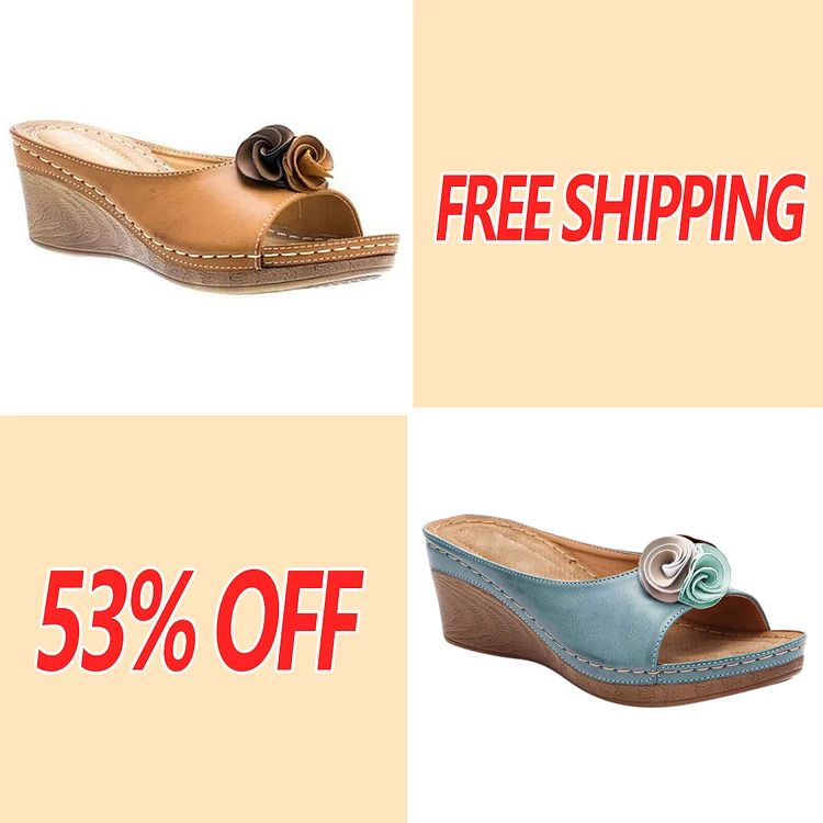 😍Last Day 55% OFF😍-Womens Comfy Leather Solid Flower Strap Wedge Sandals