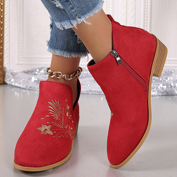LAST DAY 50% OFF-Women'S Embroidered Suede Point Toe Block Heel Boots