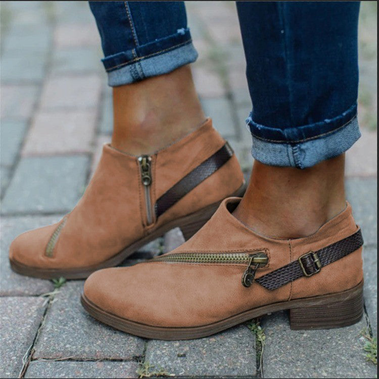 LAST DAY 50% OFF- Women Casual Retro Round Toe Low Heel Zipper Boots