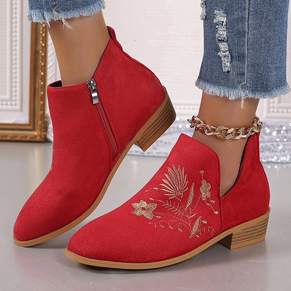 LAST DAY 50% OFF-Women'S Embroidered Suede Point Toe Block Heel Boots