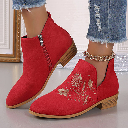 LAST DAY 50% OFF-Women'S Embroidered Suede Point Toe Block Heel Boots