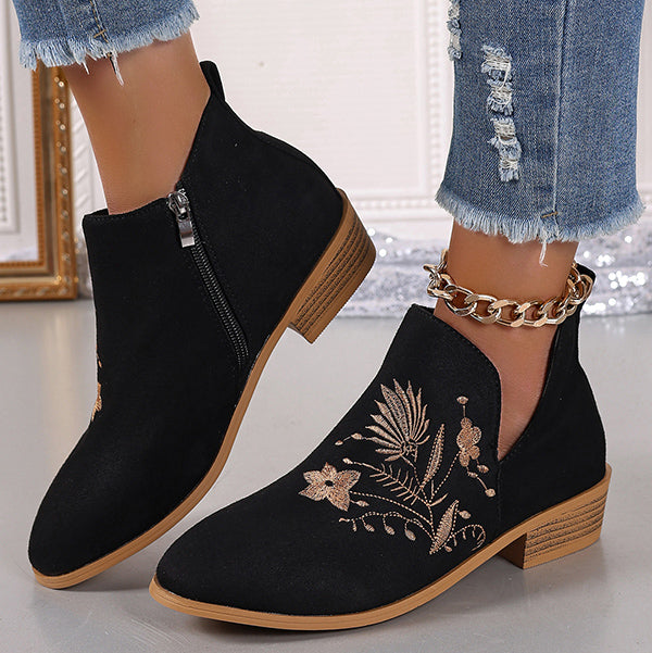 LAST DAY 50% OFF-Women'S Embroidered Suede Point Toe Block Heel Boots