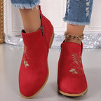 LAST DAY 50% OFF-Women'S Embroidered Suede Point Toe Block Heel Boots
