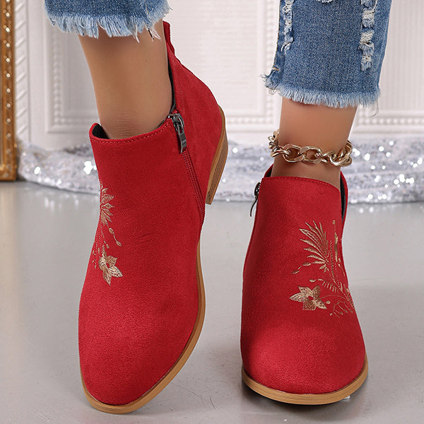 LAST DAY 50% OFF-Women'S Embroidered Suede Point Toe Block Heel Boots