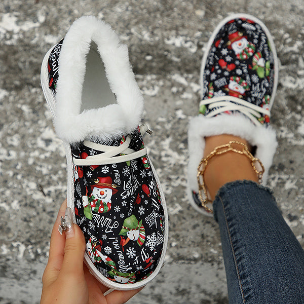 LAST DAY 50% OFF-Women's Comfort Plush Christmas Theme Canvas Ankle Boots
