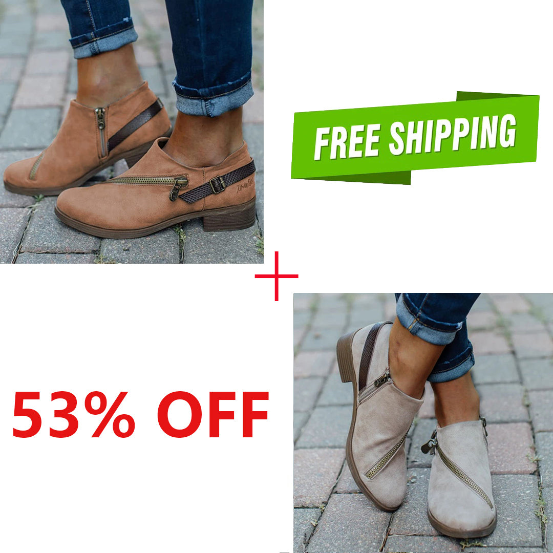 LAST DAY 50% OFF- Women Casual Retro Round Toe Low Heel Zipper Boots