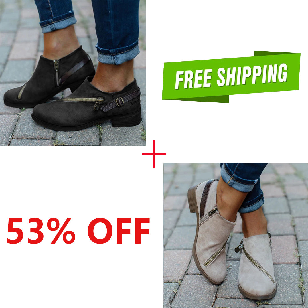 LAST DAY 50% OFF- Women Casual Retro Round Toe Low Heel Zipper Boots